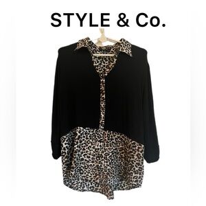 STYLE & Co. Black/Animal Print 3/4 Sleeve Top L